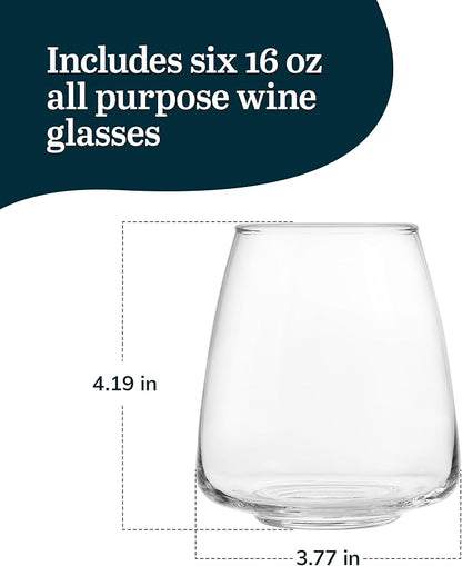 Libbey Stackable Stemless Wine Glasses Set of 6, Tapered Bulb Shaped All Purpose Wine Glass Set, Dishwasher Safe Glass Wine Glasses, Cocktail