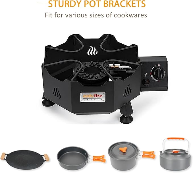 ONLYFIRE Portable Gas Burner with Adjustable Removable Legs, Propane Camping Stove for Backyard RV Tailgating Outdoor Cooking, works for Wok, Skillet, Frying Pan, Pot, 4FT Hose, 65000BTU, GS301