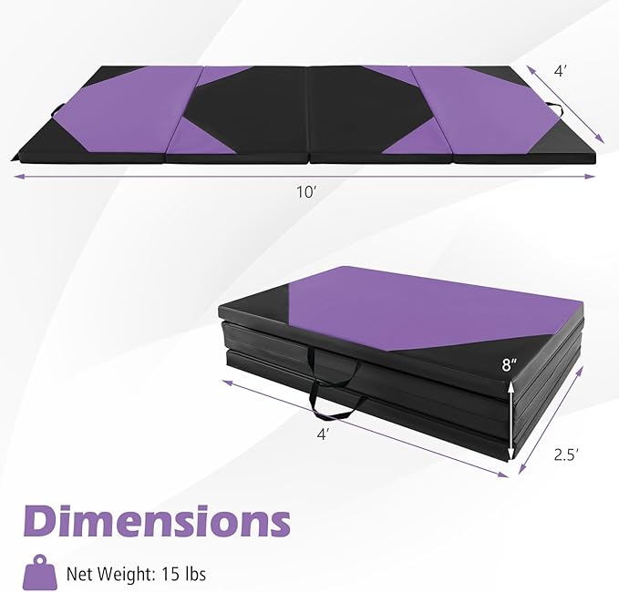 Giantex 4'x10'x 2" Gymnastics Mat, 4-Panel Folding Aerobics Exercise Mat w/Hook & Loop Fastener, Carrying Handle, Portable Tumbling Mat for Stretching Yoga Cheerleading Martial Arts