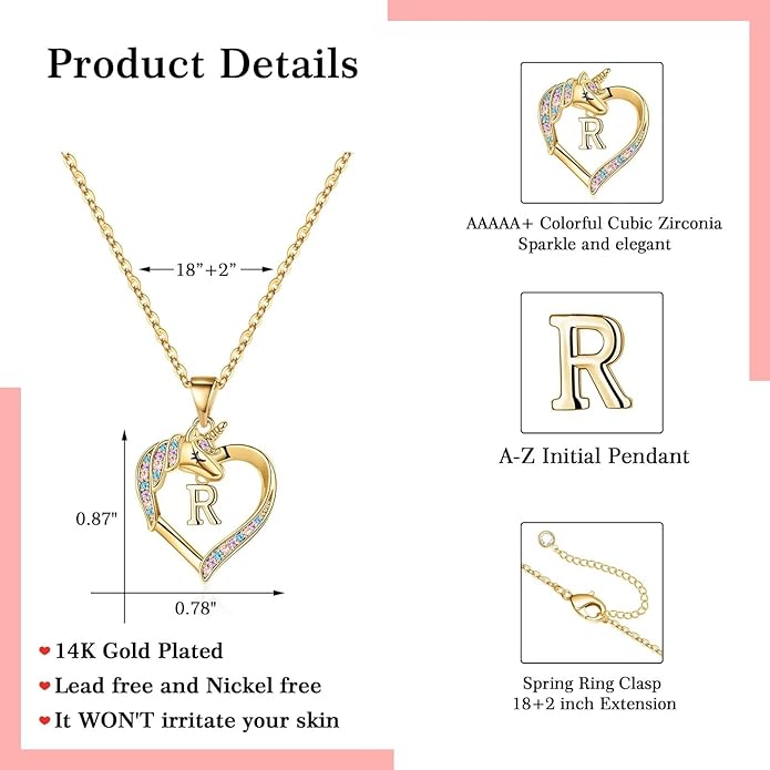 Hidepoo Unicorn Necklace Gifts for Girls - 14K-Gold-Plated Colorful CZ Heart Necklace Girls Jewelry Initial Unicorn Necklaces for Girl Birthday Gifts