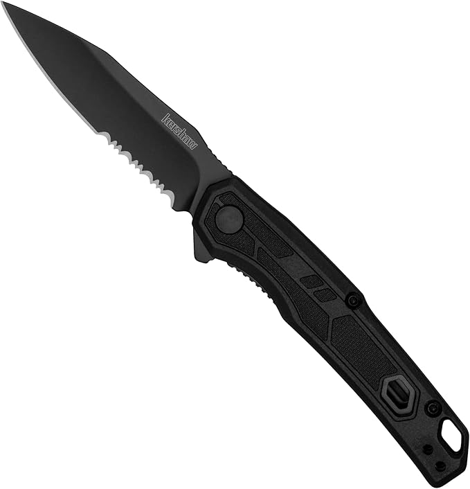 Kershaw Appa Folding Serrated Tactical Pocket Knife, Assisted Opening, 2.75 inch Serrated Black Blade and Handle, Small, Lightweight Every Day Carry