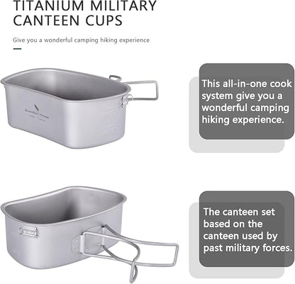 iBasingo Titanium Canteen Mess Kit with Folding Handle Hanging Ring Ultralight Portable for Lunch Outdoor Camping Hiking