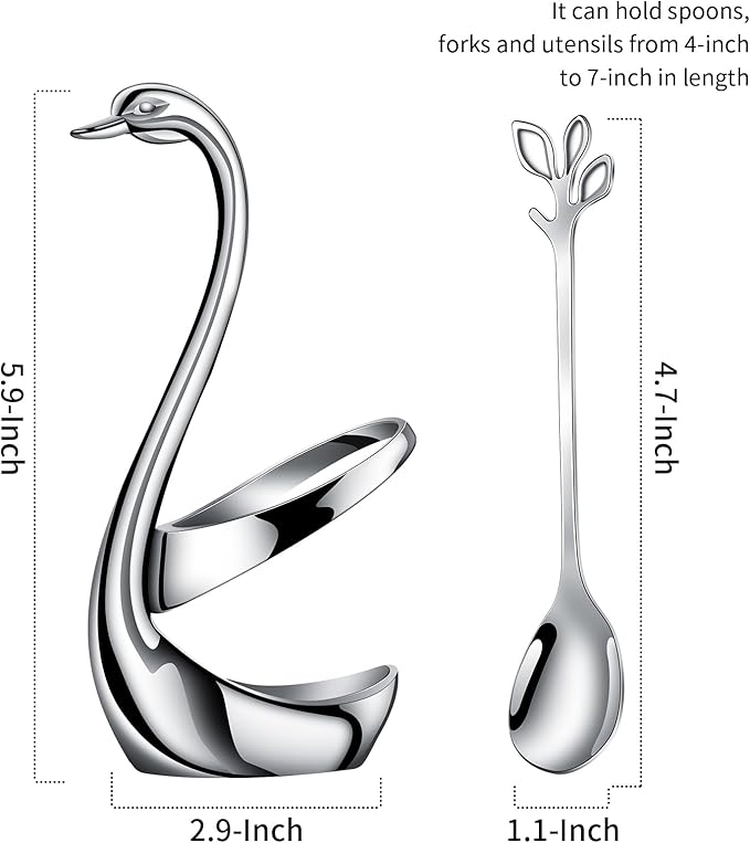 AnSaw Silver Small Coffee Spoon Holder Set, Swan Base