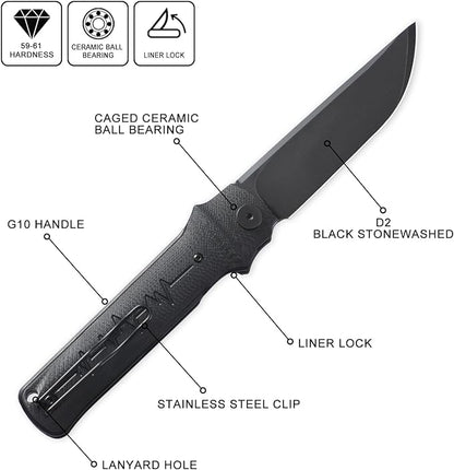Petrified fish PFB04 Tena Folding Knife, 3.82" D2 Steel Black Stonewashed Blade G10 Handle Pocket Folding knife for EDC Camping Outdoor (Black Black Stonewashed)