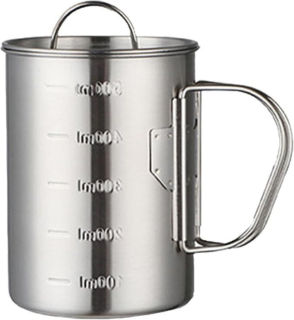 Stainless Steel Camping Cup, 17oz Fireproof Metal Cup with Lid and Foldable Handle, High Temperature Direct Heating, Great for Backpacking