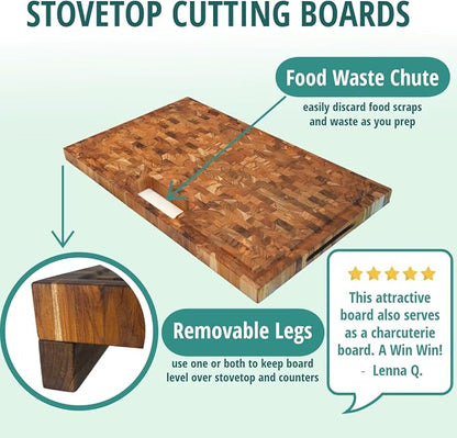 EcoDecors, Teak End Grain Cutting Board 29"x18", Solid FSC Teakwood Carving Board with Juice Groove, Handles & Waste Disposal, Butcher Block Cutting Board for Kitchen, BBQ, and Stove-Top Prep