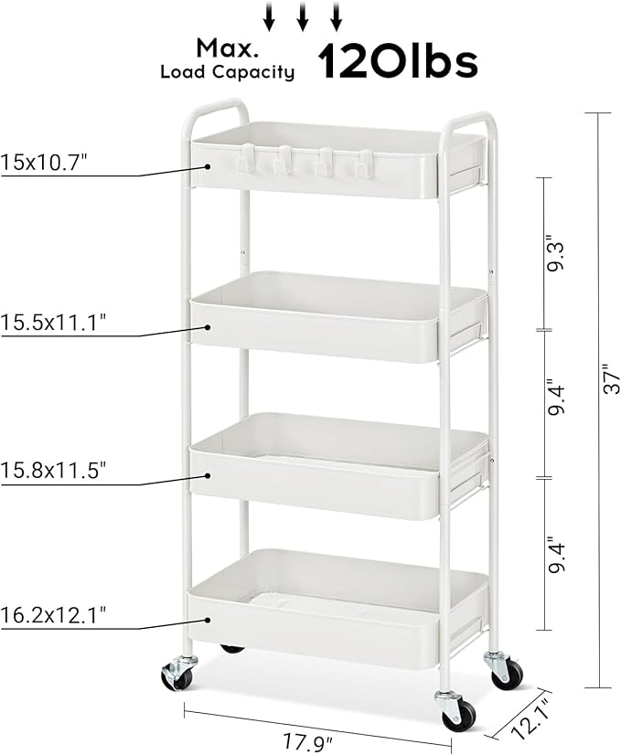 TOOLF 4-Tier Metal Rolling Cart