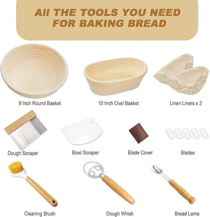 Banneton Bread Proofing Basket Set - 9" Round & 10" Oval Sourdough Baking Kit, Natural Indonesian Rattan with Linen Liners, Bread Lame, Danish Dough Whisk, Bowl Scraper and Sourdough Scraper