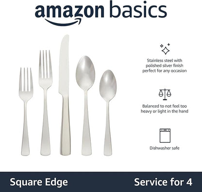 Amazon Basics 20-Piece Stainless Steel Flatware Set with Square Edge, Service for 4, Silver