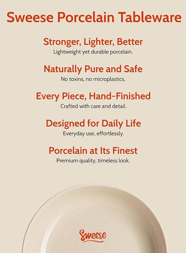 Sweese 22oz Porcelain Salad Serving Bowls Set, Microwave Dishwasher Safe, 7.6 Inch, Beige, 6-Pack