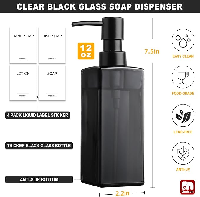 GMISUN Black Glass Soap Dispenser, Hand Soap Dispenser