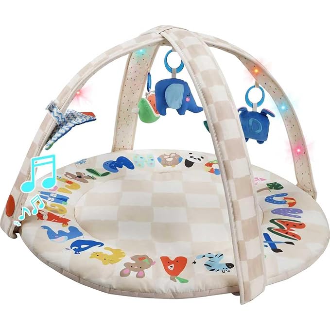 Baby Play Gym & Activity Mat with Light-up Musical Arch, Tummy Time Mat with 6 Detachable Sensory Toys for Motor Skills & Sensory Development, Baby Essentials Shower Gift - ABC123