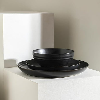 Stone Lain Elio 24-Piece Dinnerware Set Stoneware, Plates and Bowls Set, Dish Set for 8, Black