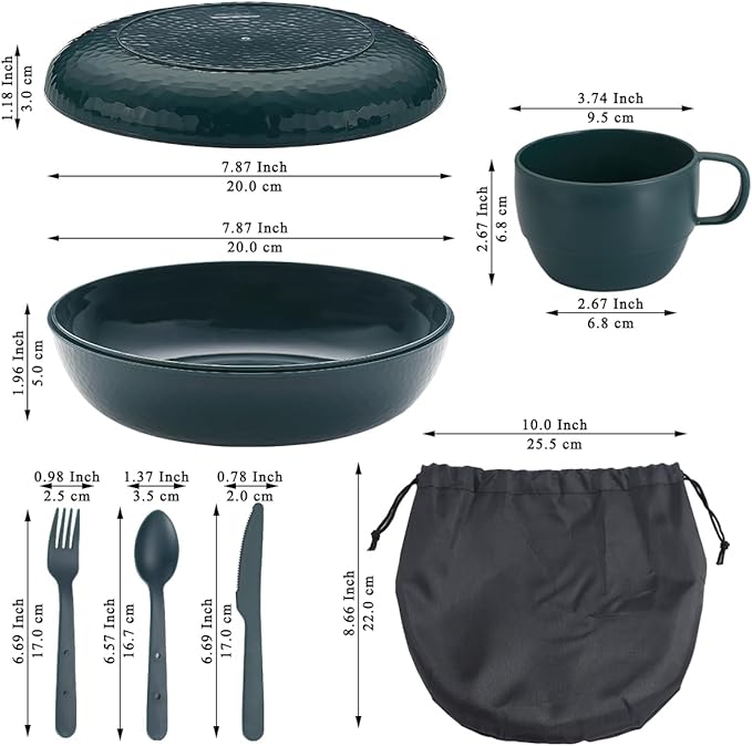 Berglander Camping Mess Kit with Bowl, Plate, Cup, Spoon, Fork, Knife and Carry Bag, Plastic Camping Accessories Essentials Gear for Travel, Camping, Picnic, Outdoor, Easy to Carry & Store