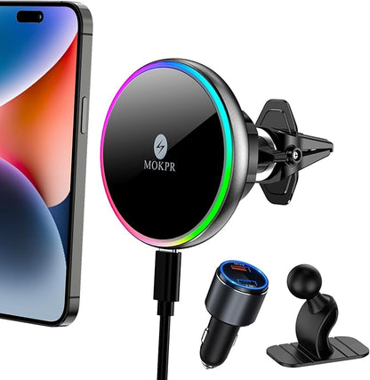 MOKPR for Magsafe Car Mount Charger-Wireless Car Charger-Magnetic Car Phone Holder for Dash Air Vent-LED RGB HandsFree Car Mount Fast Car Charger for iPhone 16 15/14/13/12 Series with QC 3.0 Adapter