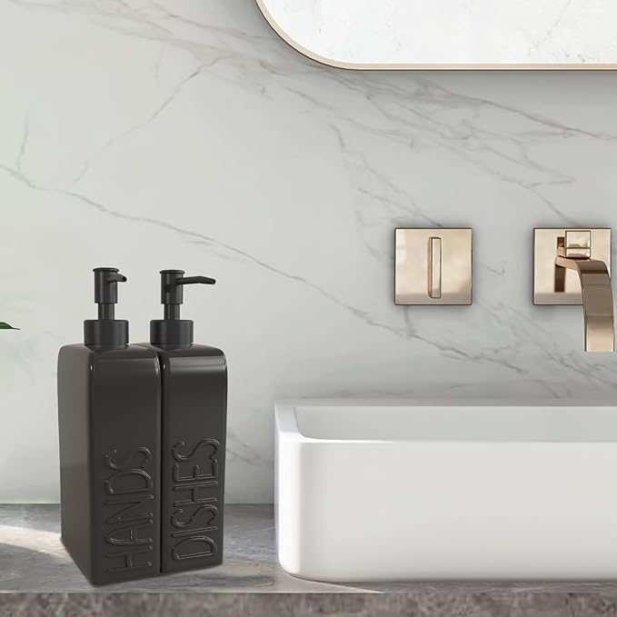 Soap Dispenser Set with Stainless Steel Pump, 2 Pack Ceramic Refillable Dish