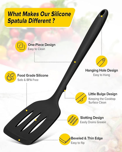 Pack of 2 Silicone Spatula Turners, Non Stick Slotted Kitchen Spatula Set, Heat Resistant BPA Free Kitchen Utensils, One-Piece Design, Suitable for Flipping Fish, Eggs, Steak, Pancakes(BLACK)