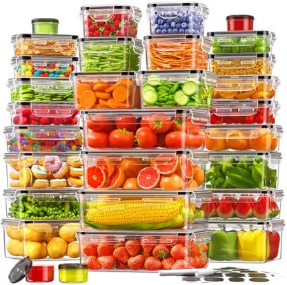 KEMETHY 60 PCS Food Storage Containers with Lids Airtight, Total 737oz, BPA-free, Food-grade, Eco-friendly Material, Leak Proof Plastic Containers, Microwave/Dishwasher Safe