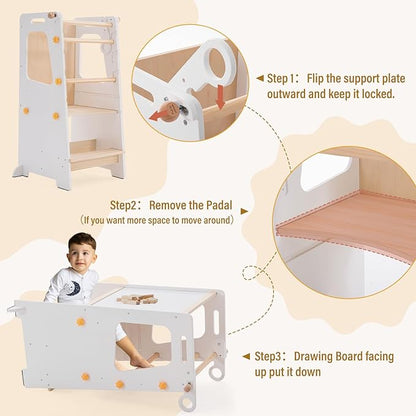 Toddler Standing Tower, Toddler Step Stool with White Board&Convertible Table and Chair, Kitchen Stool Height Adjustable with Safety Rail, Helper Tower for Kids Cooking