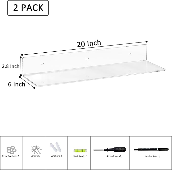 20 Inch Clear Wall Shelves for Wall, Wall Mounted Acrylic Floating Shelf for