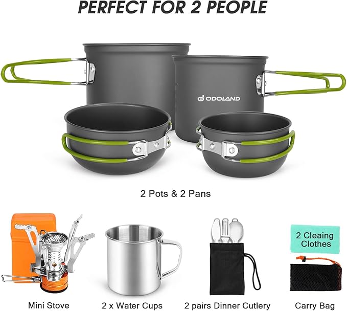 Odoland 16pcs Camping Cookware Mess Kit, Lightweight Pot Pan Mini Stove with 2 Cups, Fork Spoon Kits for Backpacking, Outdoor Camping Hiking and Picnic
