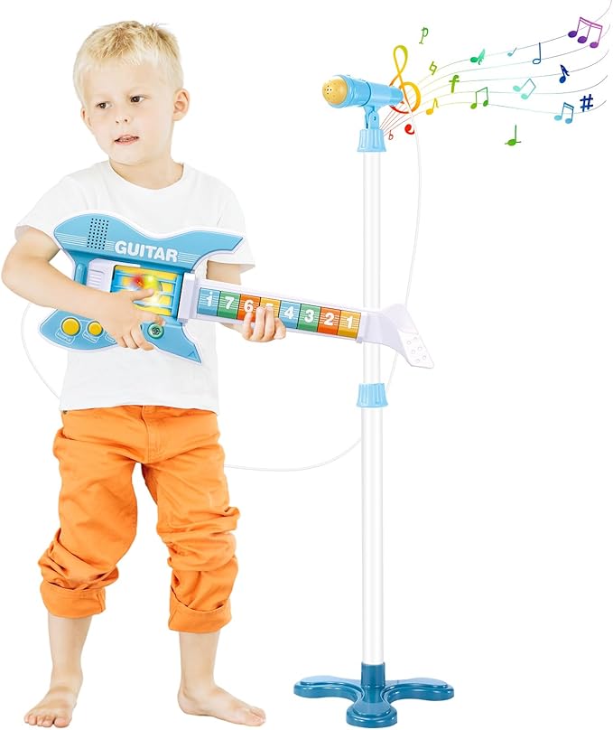 deAO Kids Guitar and Microphone Set with Stand Adjustable Height Music Light Karaoke Music Toys Christmas Birthday Gift for Kids Boys Girls (Blue)