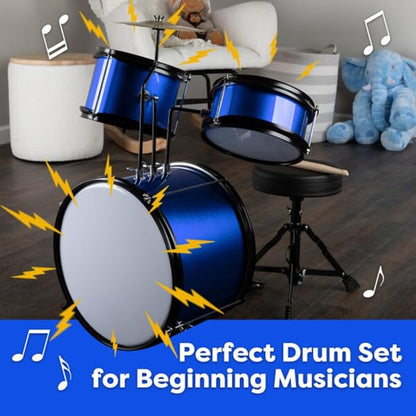 Hey Play Kids 3-Piece Drum Set - Kit With Cymbal, 2 Toms, Bass and Pedal, Drumsticks and Throne - Beginner Musical Instruments (Blue)