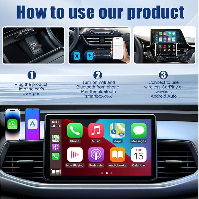 Wireless CarPlay Adapter 2-in-1 for Lincoln MKS 2017 2018, USB Design Plug and Play Bluetooth Fast Connection Car Accessories,B