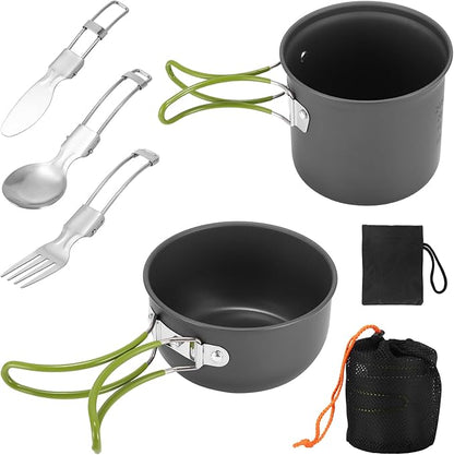 SS SUNSBELL Camping Cooking Set, Non-Stick Camping Pot and Pan Set, Portable Camping Cookware with Foldable Cutlery, 1-2 People Multifunctional Outdoor Cooking Equipment for Hiking, Picnicking