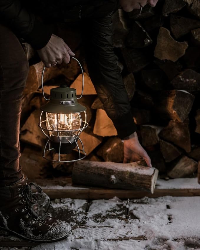 Barebones Railroad Lantern ??Olive Drab, Vintage-Inspired LED Camping Lantern with Rechargeable Battery ??Adjustable Brightness Outdoor Light for Camping Gear, Backyard, and Home Decor
