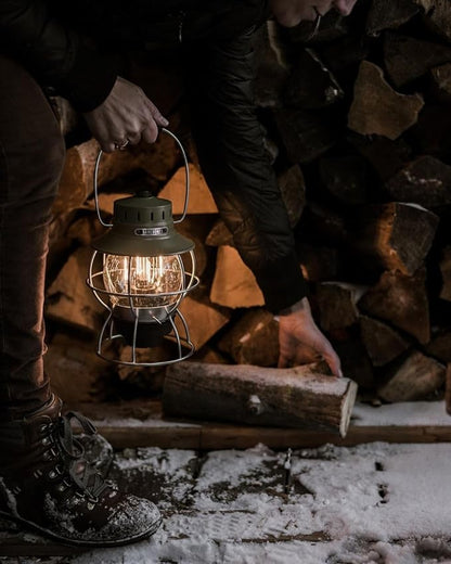 Barebones Railroad Lantern ??Olive Drab, Vintage-Inspired LED Camping Lantern with Rechargeable Battery ??Adjustable Brightness Outdoor Light for Camping Gear, Backyard, and Home Decor