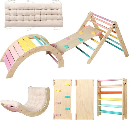 Pikler Triangle Set with Cushion Large, 5 in 1 Toddler Climbing Toys Indoor, Montessori Foldable Climbing Set for Kids, Wooden Playground Jungle Gym with Ramp, Arch and Ladder (Color-B)