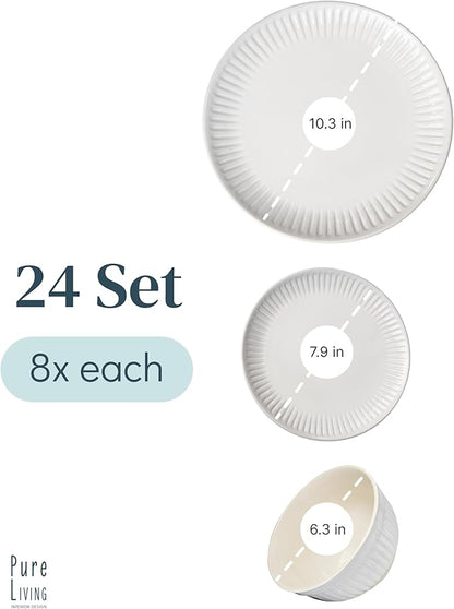 Stoneware Dinnerware Set for 8 People HYGGE 24-Piece - Elegant Scandi Design - Premium Dish Set - Bowl and Plate Set - Tableware for 8 People in a Ribbed Design - Pure Living in White