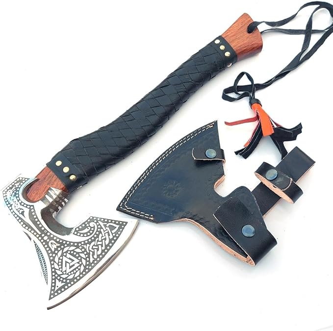 AX-7000 Custom Gift Forged Carbon Steel Viking Axe with Rose Wood Shaft, Viking Bearded Camping Axe (AX-7000) (AX-7091)