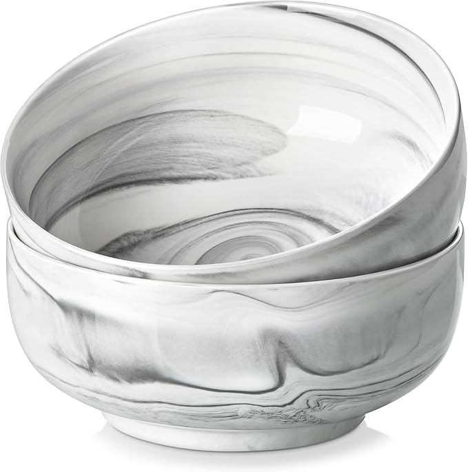 MALACASA Large Marble Grey Ceramic Soup & Salad Bowls Set of 2, 44 OZ (7"), Dishwasher & Microwave Safe, Series REGULAR