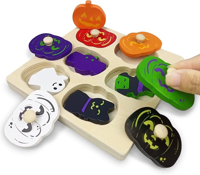 Pinkiwine Halloween Pumpkin Wooden Peg Puzzles Montessori Educational Toys for Kids Toddlers Halloween Toys Party Favors Treat Bags Gifts