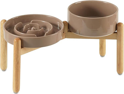 Ceramic Raised Slow Feeder Dog Bowl Set, Elevated 7.3inch Bowl and 8.2inch