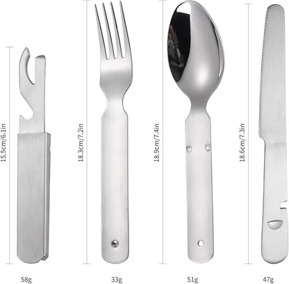 Portable Flatware Silvery Silverware Camping Stainless Steel Cutlery Set Outdoor Travel Knife Fork Spoon Bottle Opener 4 Pieces Foldable Durable Easy to Clean