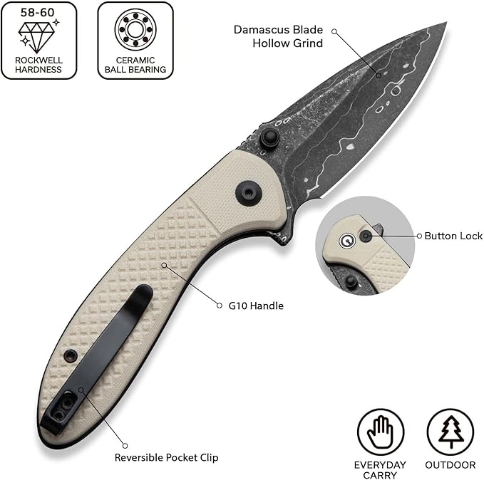 CIVIVI Faeger Pocket Folding Knife for EDC, 2.98" Damascus Blade G10 Handle, Reversible Clip for Men Women Outdoor Carry C24031-DS1 (Ivory)