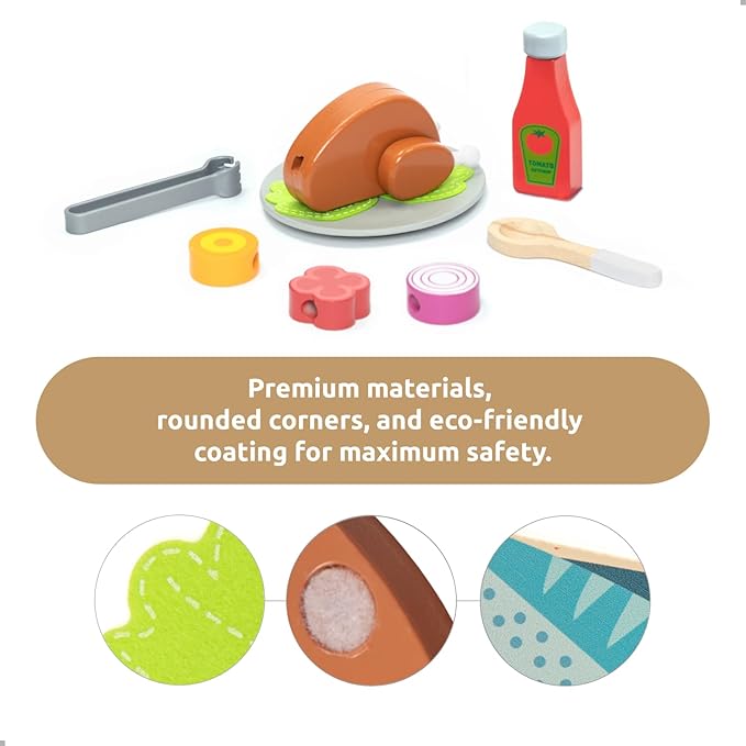 UMU Kids Grill Set, Pretend Play BBQ Toys with Wooden Grill, Cutting Food, and Cooking Accessories – Play Kitchen Outdoor & Indoor Barbecue Toy for Toddlers and Kids Age 3 4 5 6 7 8+
