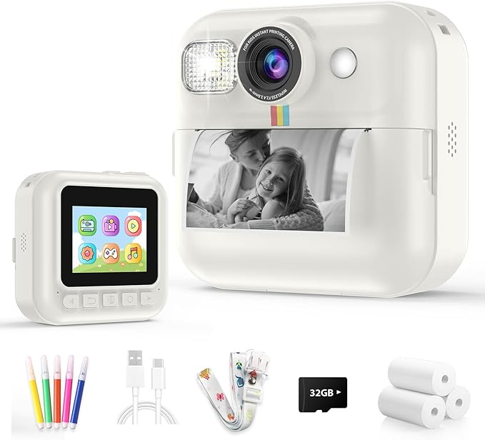 Instant Print Camera for Kids, 3-12 Year Old Girls Boys Gifts, 1080P Video Children Digital Camera with 32GB Card, Kids Christmas Birthday Gifts Toddler Photo Camera Toys for Age 3 4 5 6 7 8 9 White