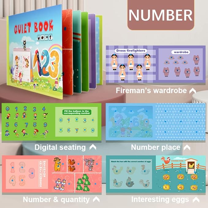 4 Subjects Montessori Quiet Book Busy Board for Toddlers, Toddler Travel Toys, Sensory Toddler Activities, Montessori Educational Toys for 2 3 4 Year Old Boys Girls Gift