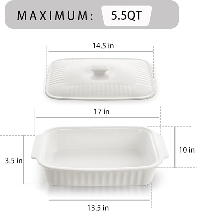 Large Baking Dish with Lid, 5.5 Quart Lasagna Pan with Lid, 13.5x9 inch Ceramic