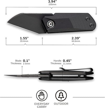 CIVIVI Ki-V Front Flipper Pocket Knife, Double Detent Slip Joint Small Folding Knife with Deep Carry Pocket Clip For Easy EDC C2108B (Black)