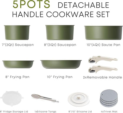 Caannasweis Detachable Nonstick Cookware Set - Stackable Induction Pots and Pans With Removable Handles, Dishwasher Safe - For RV Camping, Oven and Stovetop Use, 5 Pieces (Green)