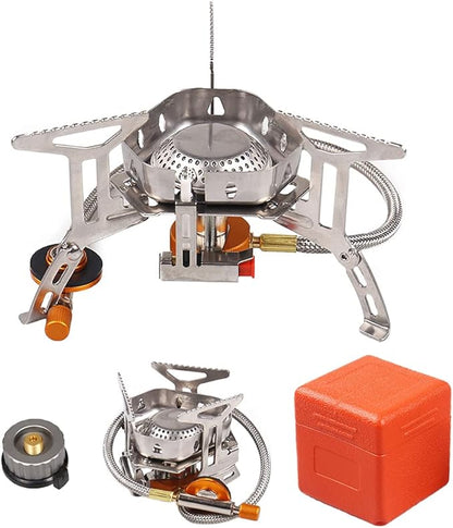 Windproof Portable Backpacking Stove Burner with Piezo Ignition,Stove Adapter,Plastic Storage Box,Strong Firepower,Lightweight,Propane Butane Stove for Indoor Outdoor Camping Hiking and Picnic