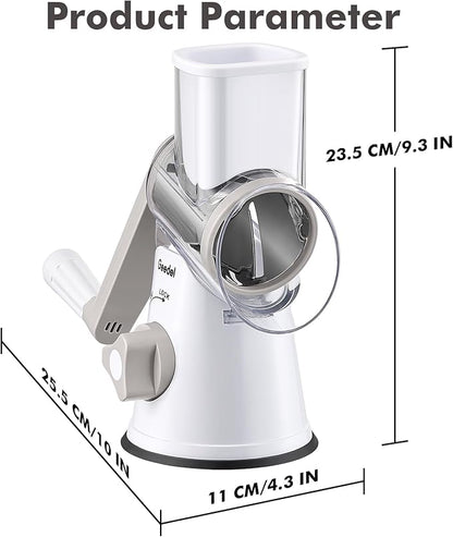 Geedel Rotary Cheese Grater, Kitchen Mandoline Vegetable Slicer with 3 Interchangeable Blades, Easy to Clean Rotary Grater Slicer for Fruit, Vegetables, Nuts
