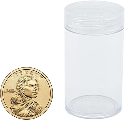 12 Pcs Round Plastic Coin Tubes with Box, Cent Nickel Dime Storage Tubes with Lid, Quarter Dollar Storage Holders Containers Coin Collecting Supplies