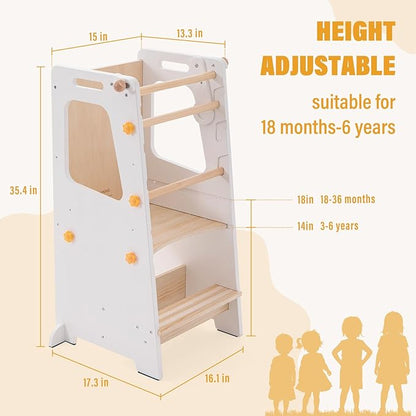 Toddler Standing Tower, Toddler Step Stool with White Board&Convertible Table and Chair, Kitchen Stool Height Adjustable with Safety Rail, Helper Tower for Kids Cooking