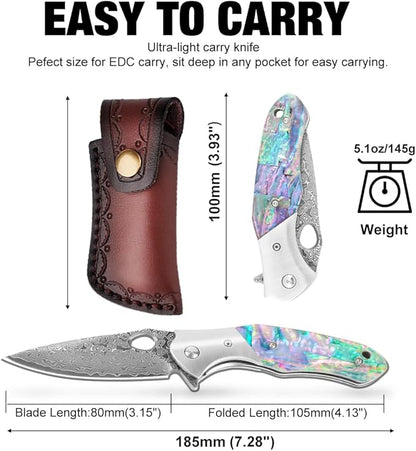 Cottonbell Damascus Pocket Knife Unique Rainbow Abalone Shell Handle Damascus Folding Knife, with Sharp VG10 Core Damascus Steel Knife for Outdoor Camping Fishing Hiking Hunting Gift